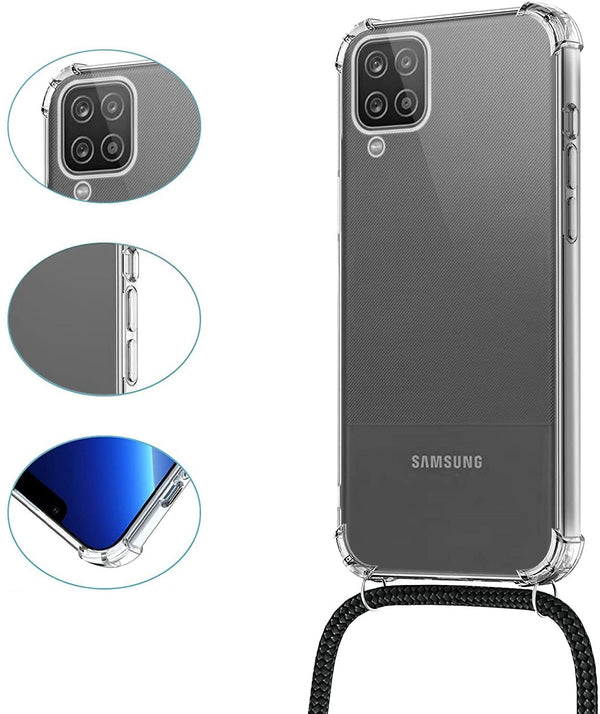 Coque Transparente avec collier cordon noir pour Samsung Galaxy A12