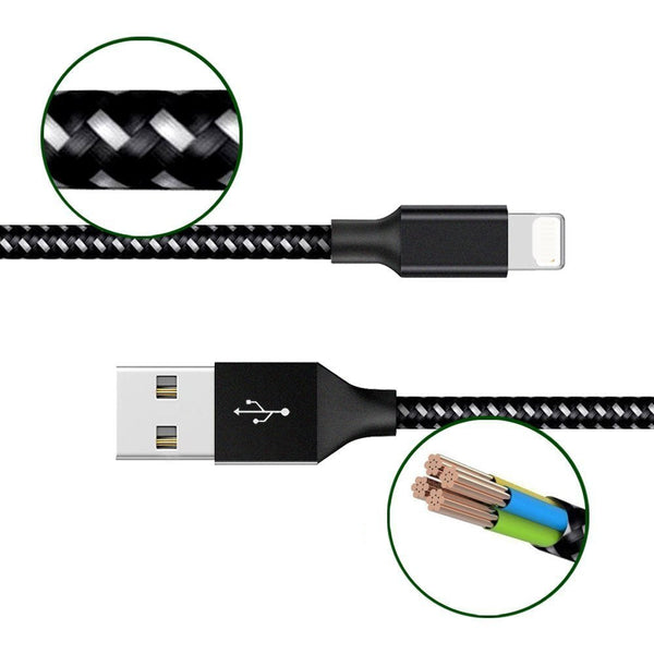 Câble de recharge nylon Noir USB vers iPhone/iPad - 3M