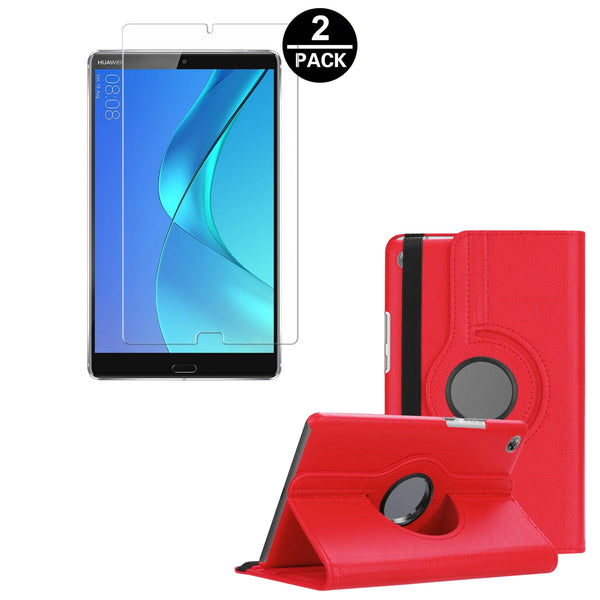 Housse Etui Rouge pour Huawei MediaPad M5 8.4 Coque avec Support Rotatif 360° + Film de protection en verre trempé