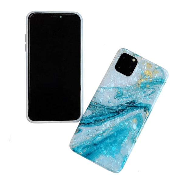 Coque de protection marbre bleu + Film de protection en Verre trempé pour iPhone 11