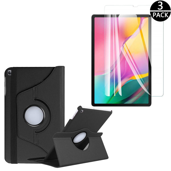 Housse Etui Noir pour Samsung Galaxy Tab A 10.1 2019 T510 T515 Coque avec Support Rotatif 360° + Film de protection en verre trempé