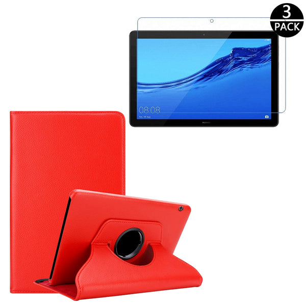 Etui Rouge pour Huawei MediaPad T5 10.1'' Coque avec Support Rotatif 360° + Film de protection en verre trempé