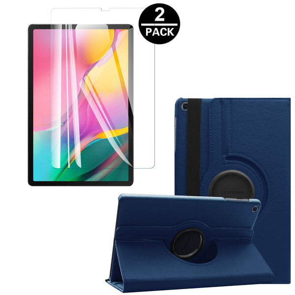 Housse Etui Bleu pour Samsung Galaxy Tab A 10.1 2019 T510 T515 Coque avec Support Rotatif 360° + Film de protection en verre trempé