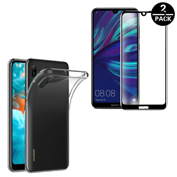 Coque de protection transparente + Verre trempé bords noir pour Huawei Y6 2019