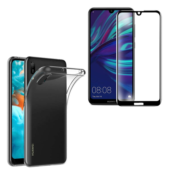 Coque de protection transparente + Verre trempé bords noir pour Huawei Y6 2019